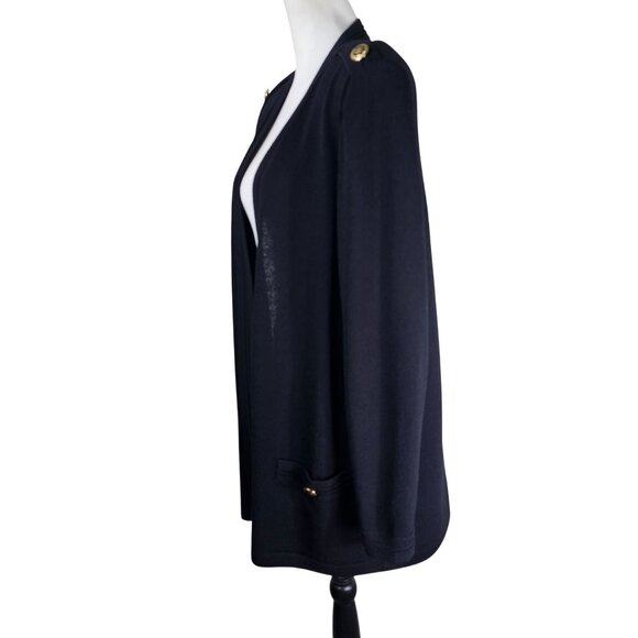 St. John Santana Knit Open Cardigan Sweater L Black Gold Button Quiet Luxury - Picture 2 of 9